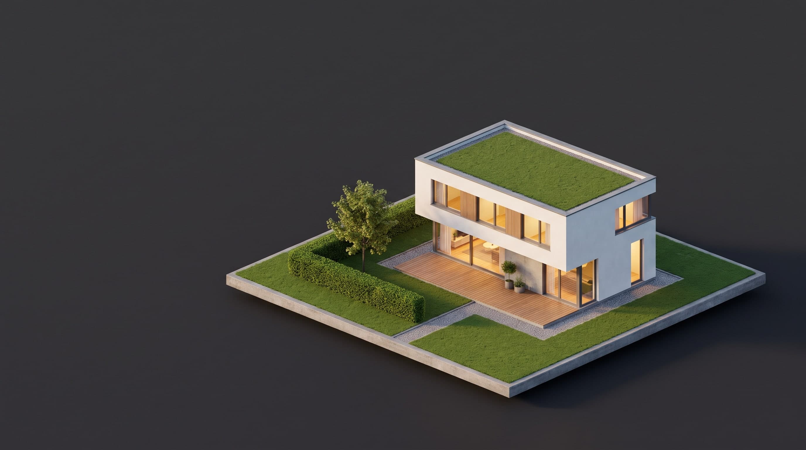 Modell eines Einfamilienhauses mit begrüntem Flachdach, Holzterrasse und Hecke auf einem dunklen Grund