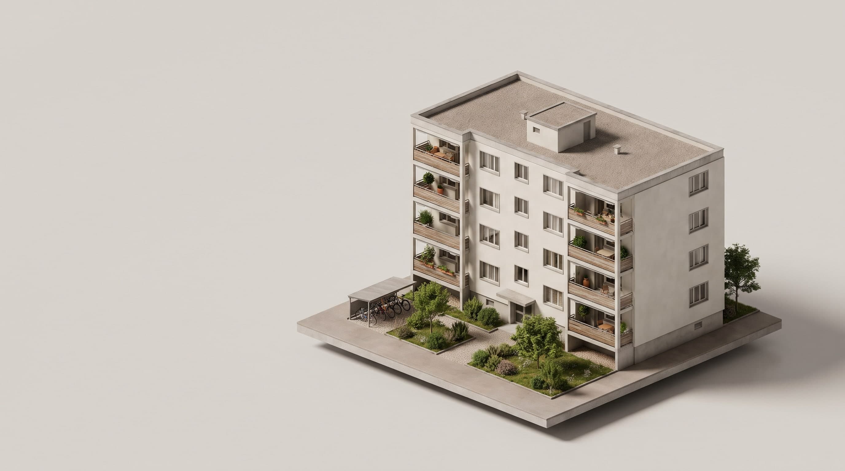 Modell eines Wohnblocks mit Balkonen, Garten und Velounterstand auf einem hellen Sockel