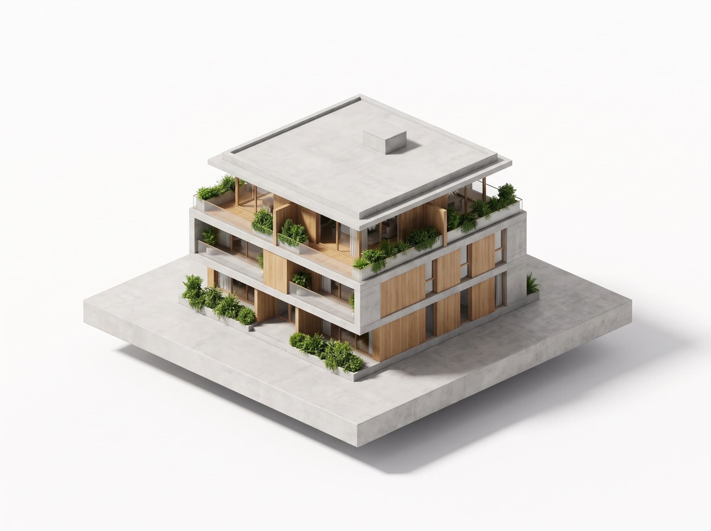 Modell eines Hauses mit Holzverkleidung, bepflanzten Terrassen und auskragendem Flachdach auf einem hellen Sockel